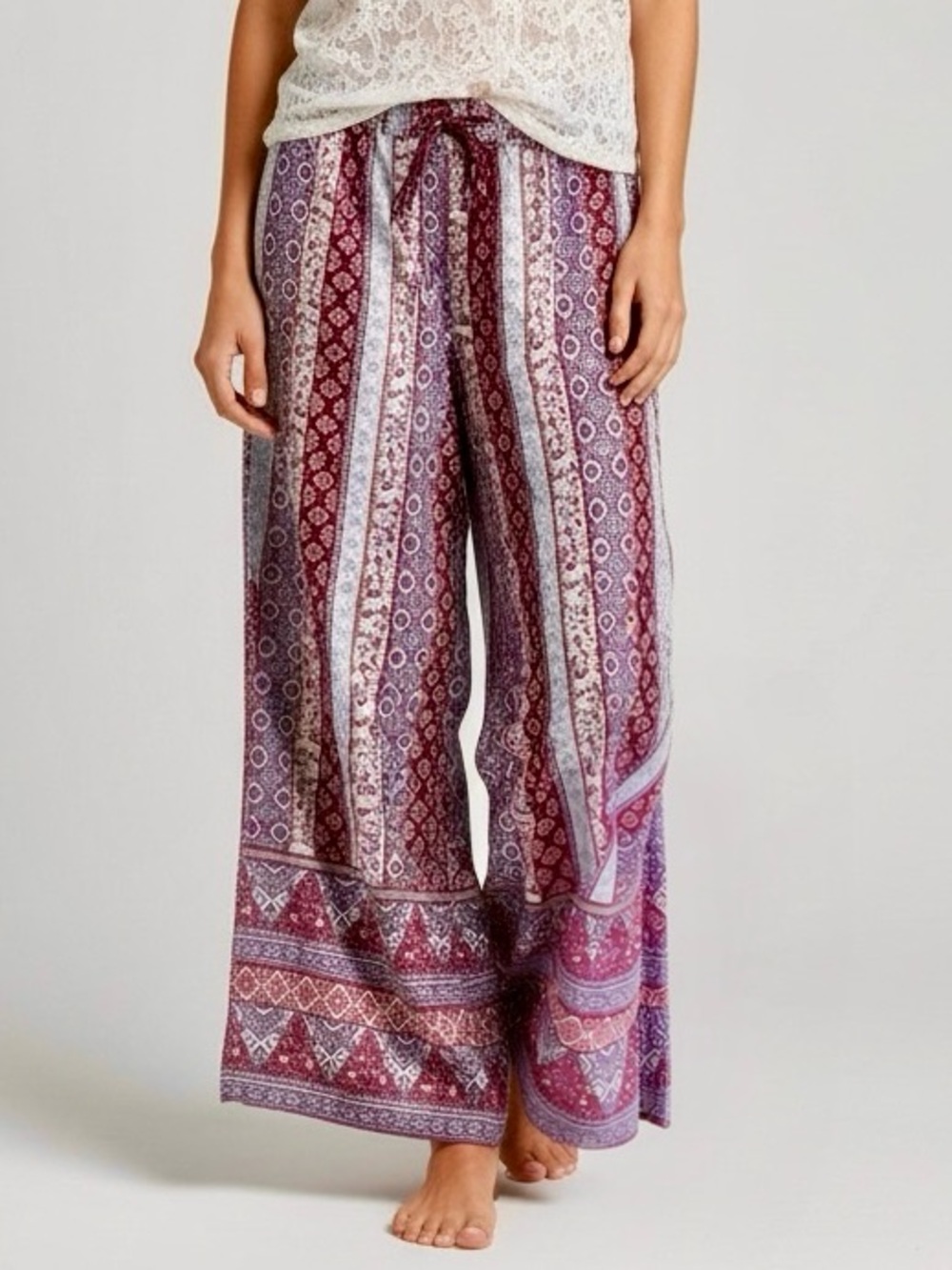 Boho Purple Wide Leg Palazzo Pants w/ Side Slits at Knees SZ M